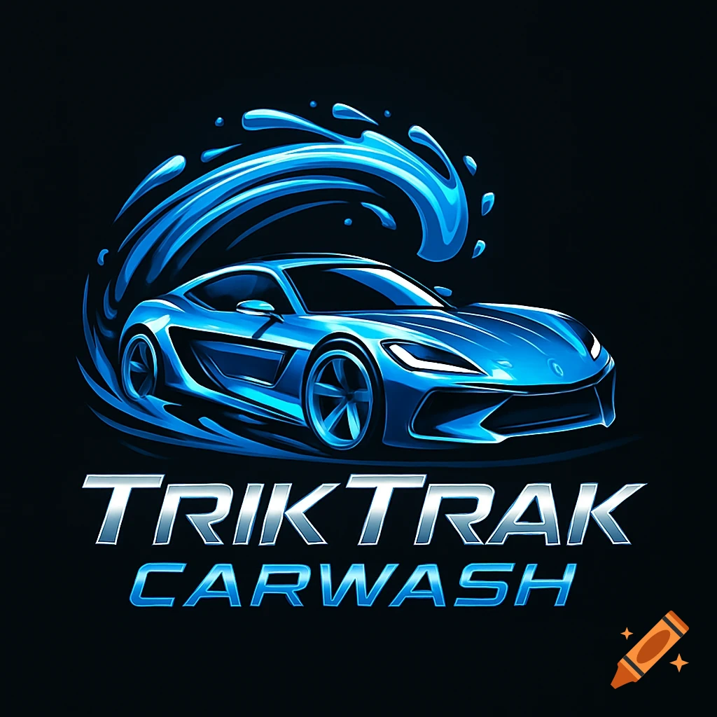 A vibrant blue stylized car surrounded by dynamic water splashes, with 'TRIKTRAK CARWASH' text, against a dark background. Logo style.