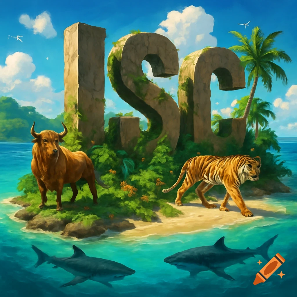 A vibrant illustration of a tropical island with large stone letters 'ISC', a bull, and a tiger. Two sharks swim in the surrounding blue ocean.