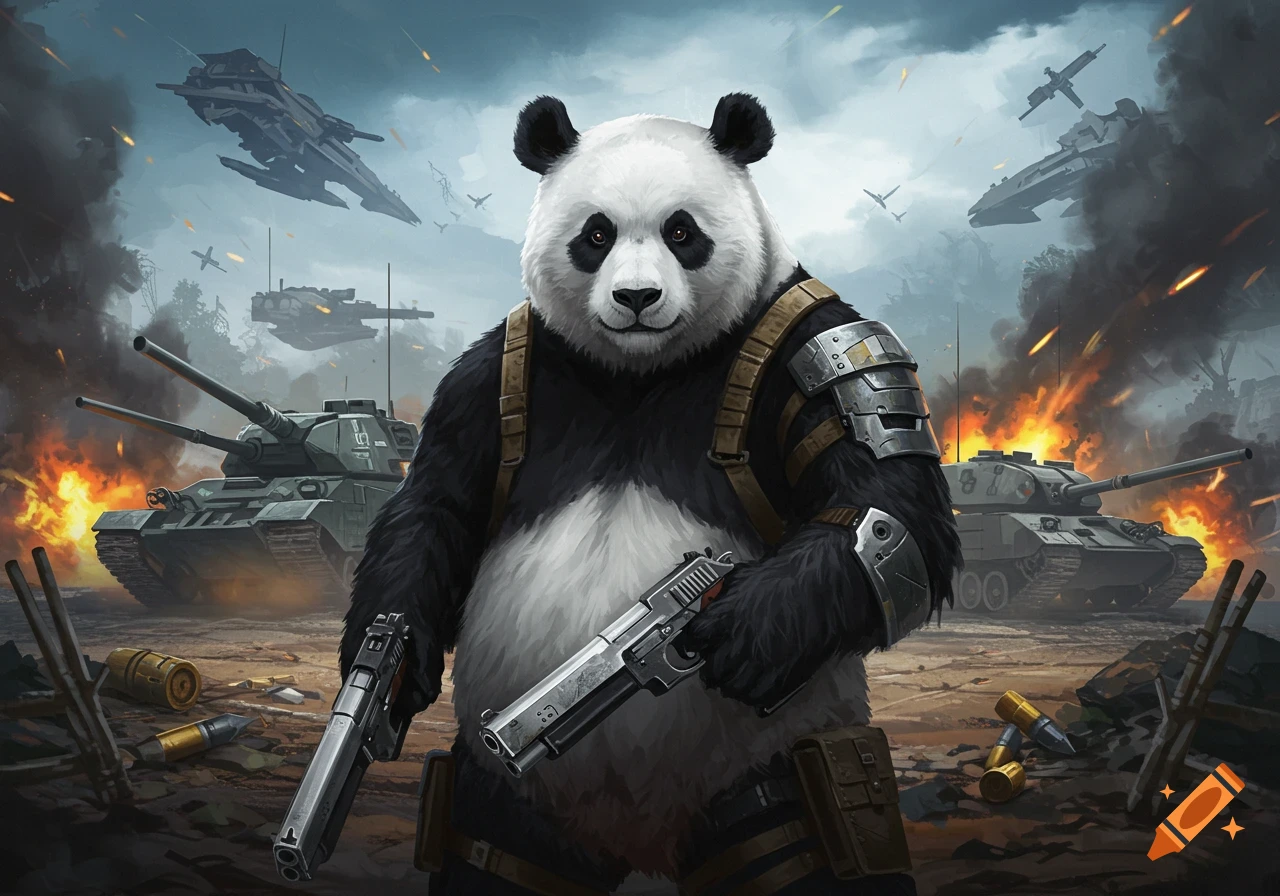 A giant panda in military gear holds two pistols amidst a battle scene with tanks, explosions, and futuristic ships in a digital art style.