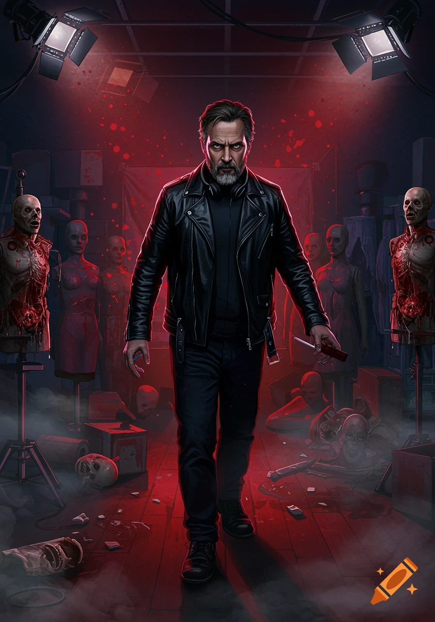A man in a leather jacket stands in a dark, red-lit room surrounded by gory, zombified mannequins and theatrical spotlights.