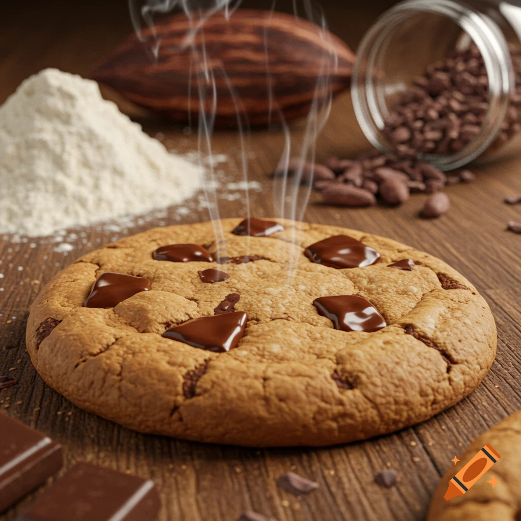 Photorealistic close-up of a steaming chocolate chip cookie on a wooden table with flour, cocoa pods, and cocoa nibs.