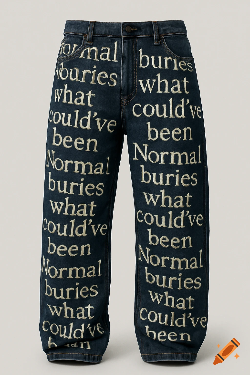 A pair of dark denim baggy jeans with white repeating text 'Normal buries what could've been' printed across the fabric, shown against a plain background.