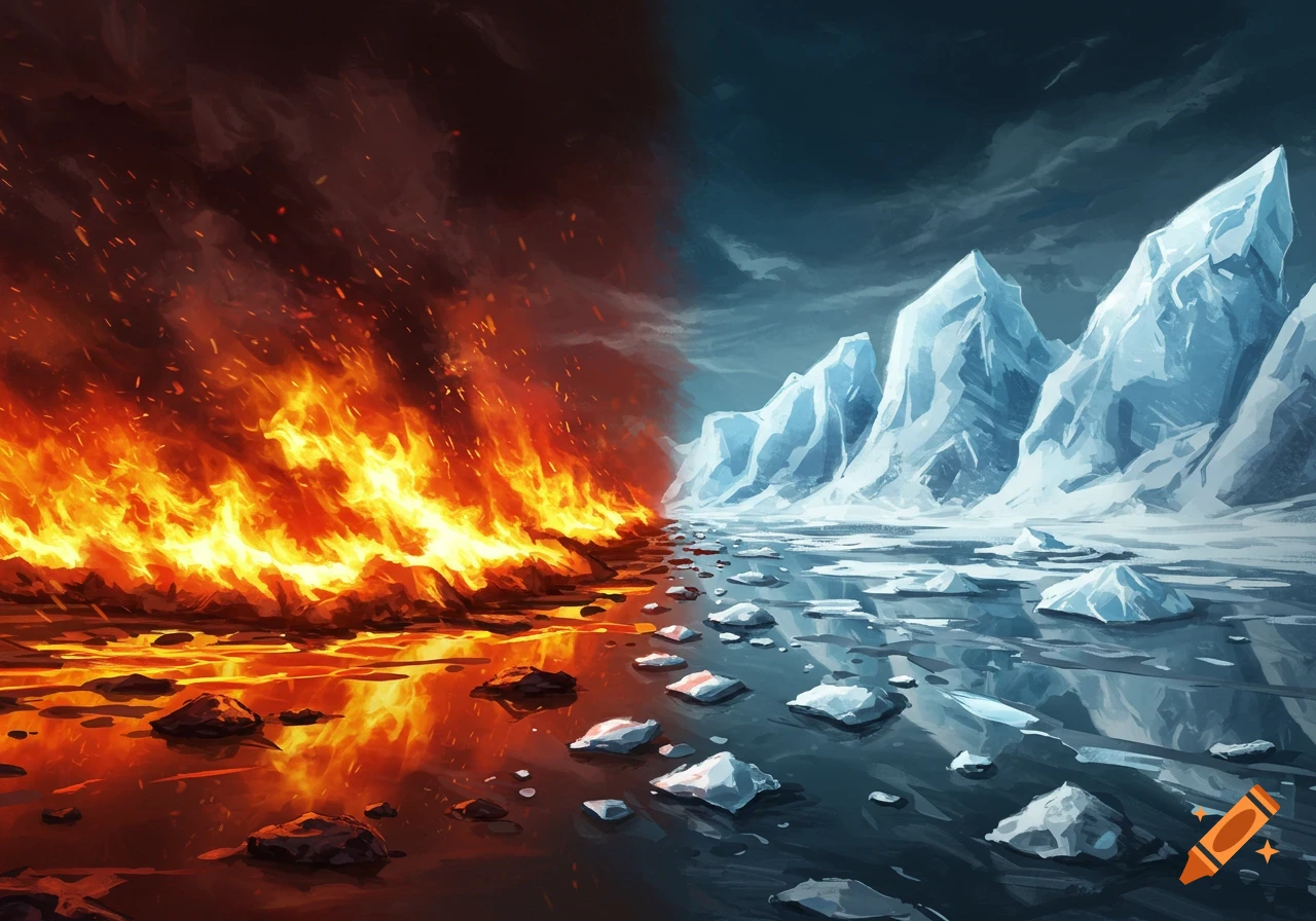 A fantasy landscape split vertically, with fiery flames on the left and jagged ice mountains and frozen water on the right.