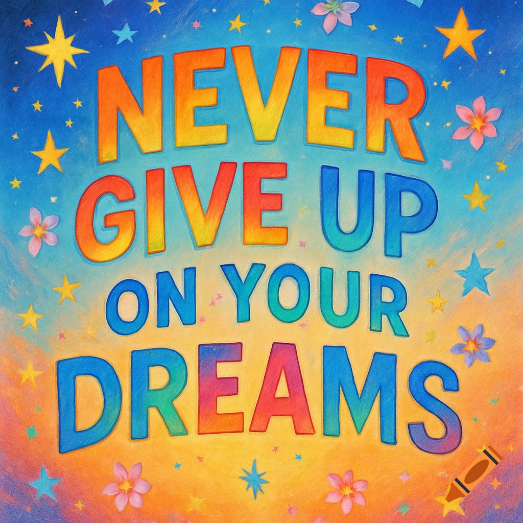 Colorful illustration with the text 'NEVER GIVE UP ON YOUR DREAMS' surrounded by stars and flowers.
