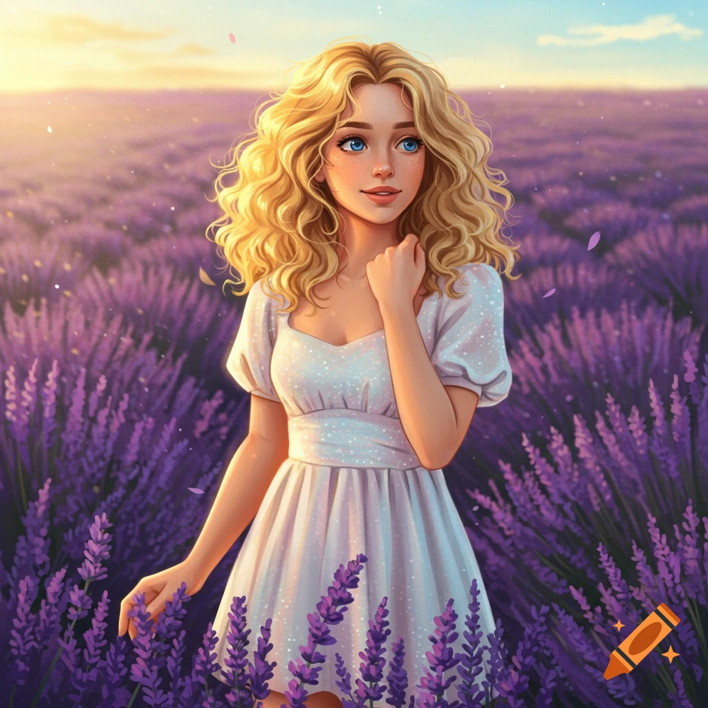 An illustrated blonde woman in a white dress stands in a lavender field at sunset, lightly touching the flowers.