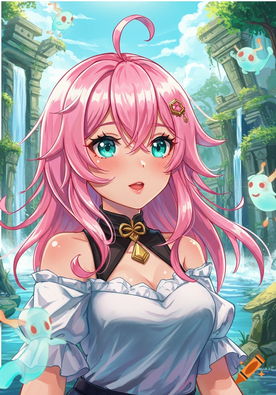 Anime girl with pink hair and teal eyes in a fantasy setting with waterfalls and floating spirits.