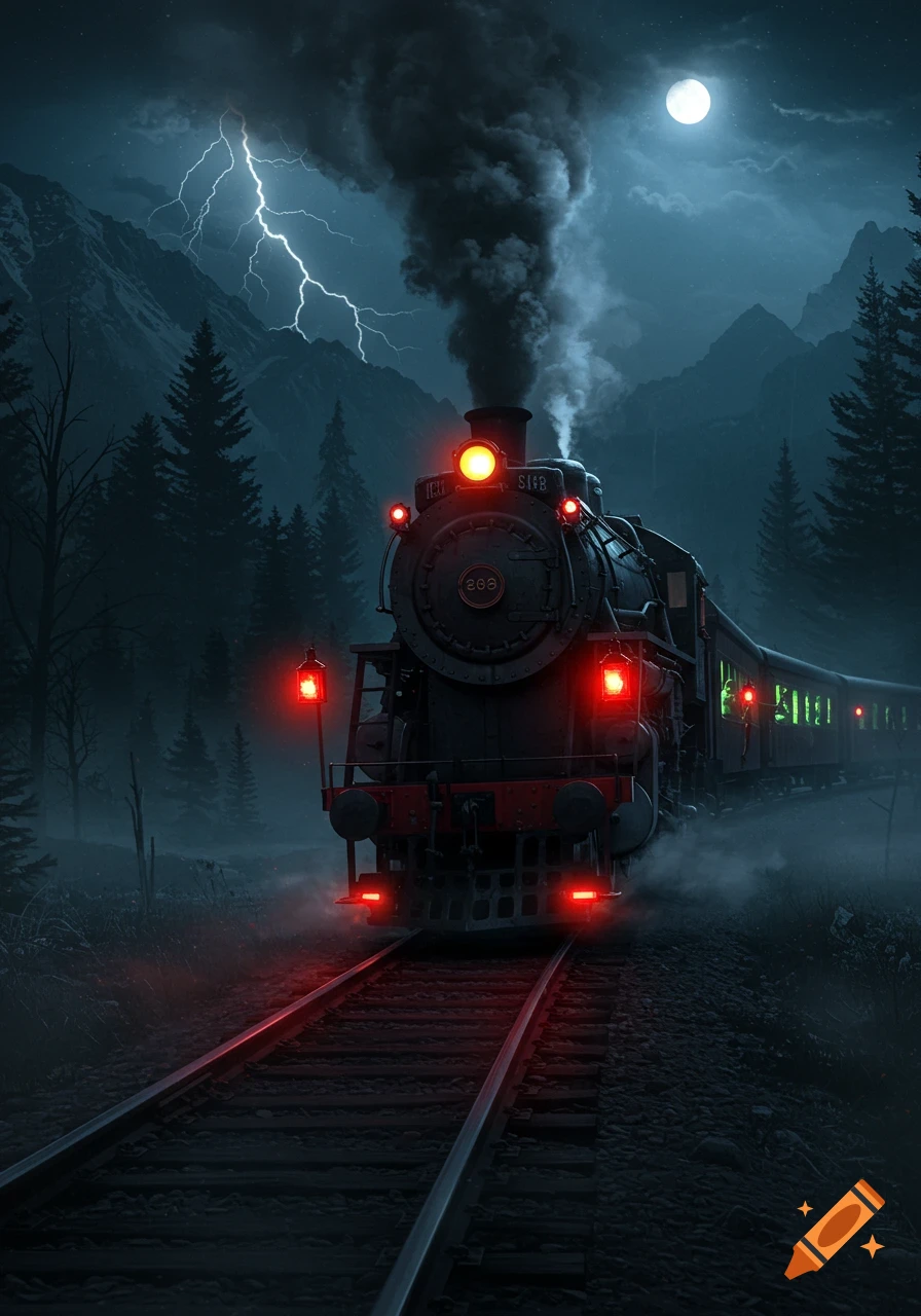 A sinister steam train with glowing red lights travels through a dark, stormy mountain forest under a full moon and lightning.