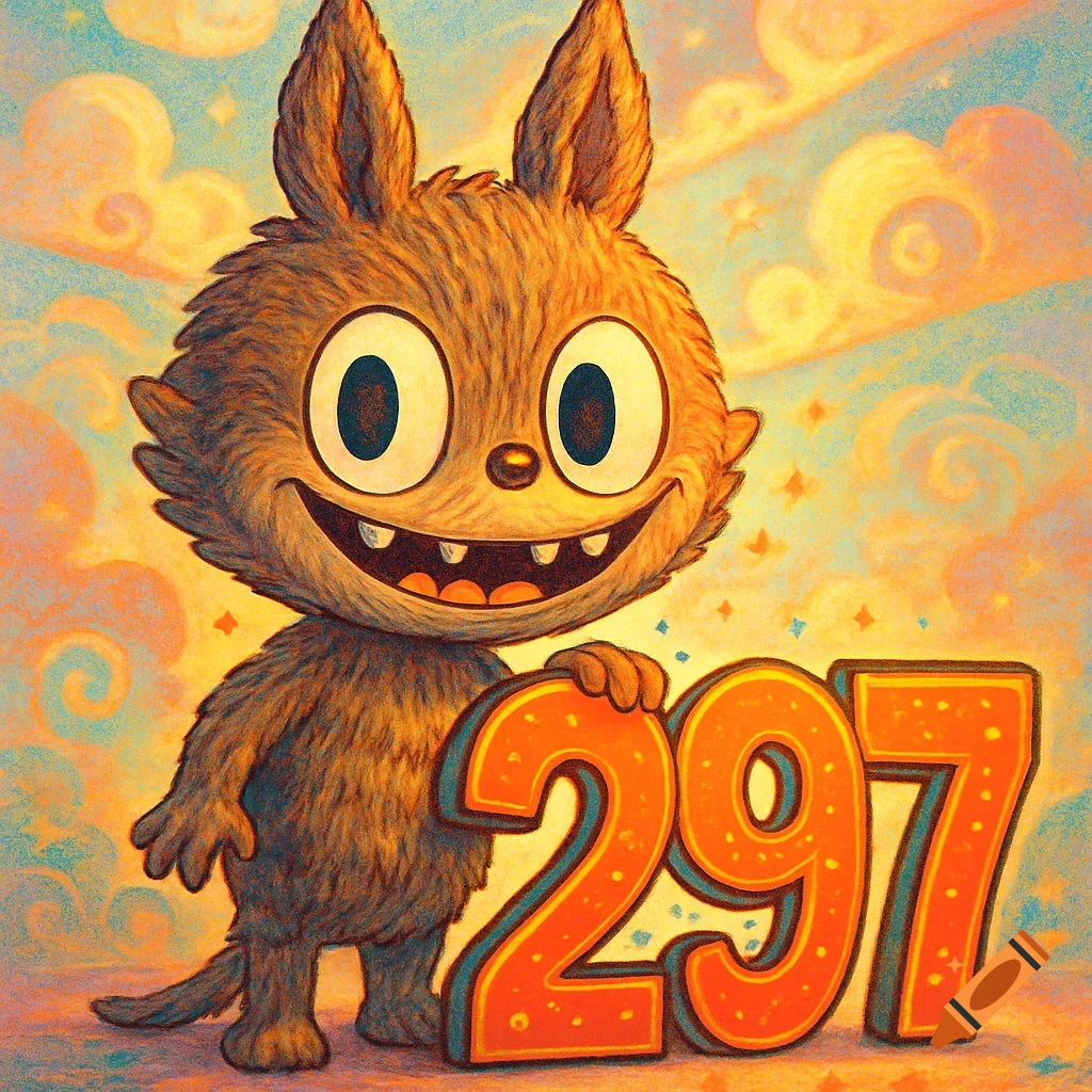 A furry, brown monster with large eyes and a wide grin holds up the bright orange numbers "297" against a dreamy sky.