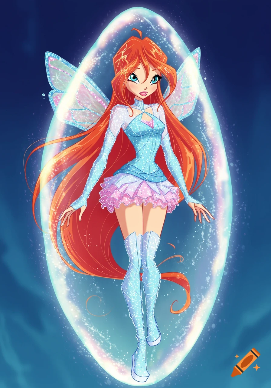 Bloom from Winx Club with long orange hair and blue dress, standing inside a shimmering, light-blue oval stasis field.