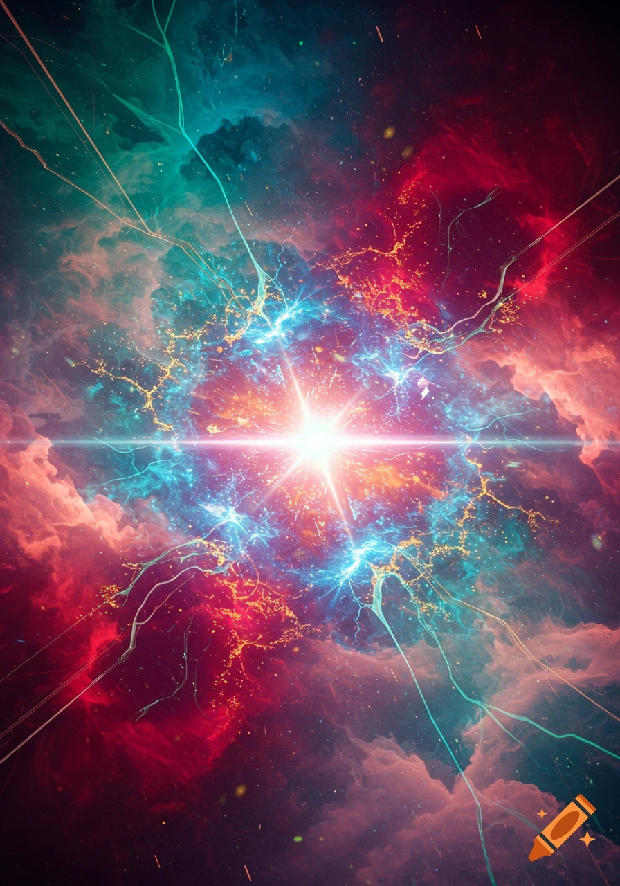 Vibrant abstract cosmic explosion with a bright white core, surrounded by red, blue, and gold nebulous clouds and energy streaks.
