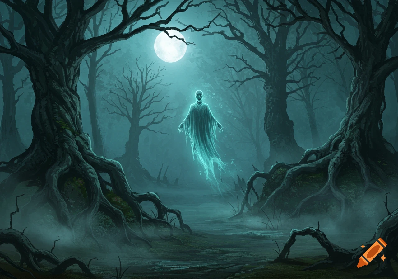 A glowing ghost floats in a dark, misty forest under a full moon, with gnarled trees and exposed roots.