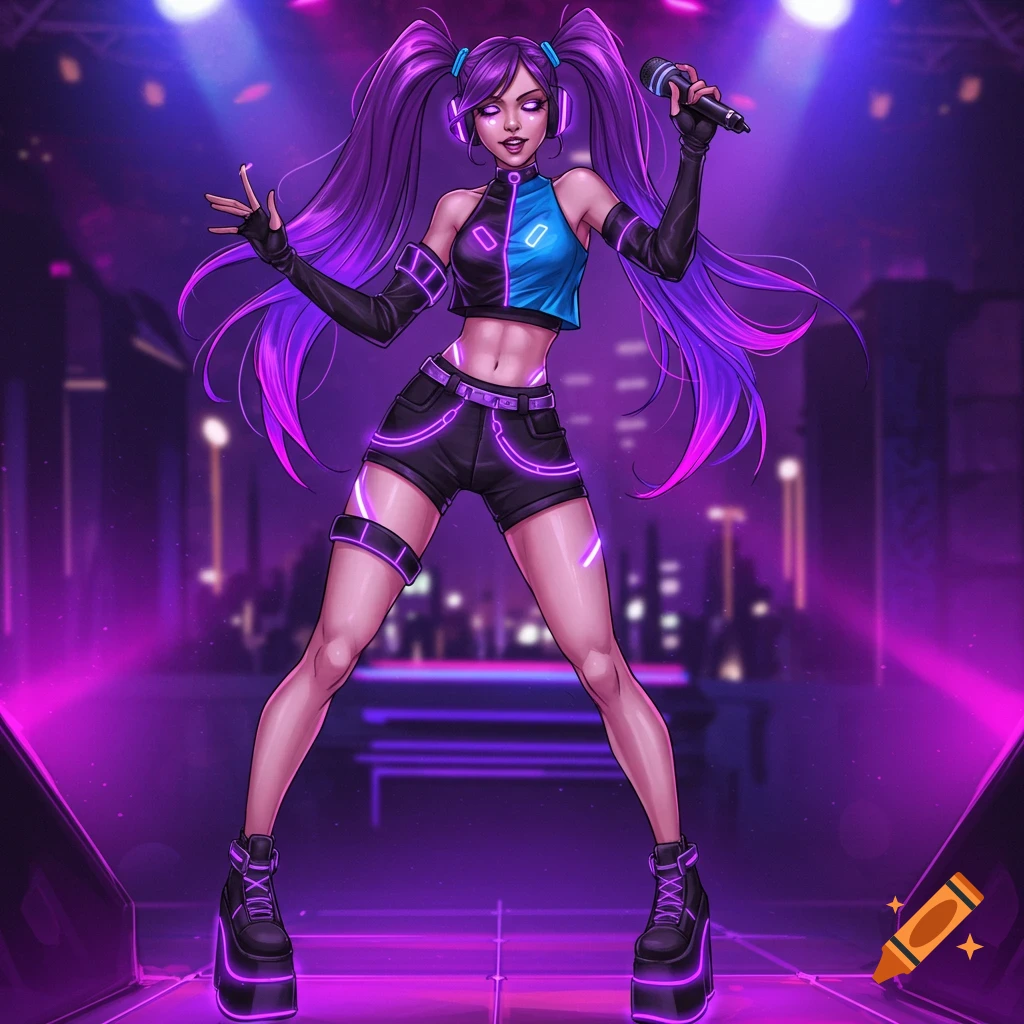 A stylized woman with long purple pigtails, glowing techno accents, and platform shoes sings into a microphone on a stage with purple lighting.
