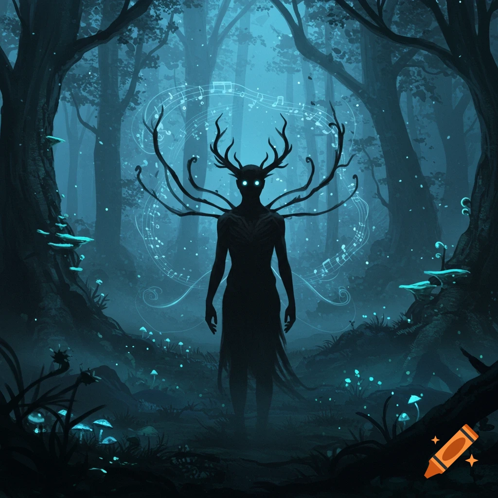 A shadowy, antlered figure with glowing eyes stands in a dark, misty forest, surrounded by floating musical notes.