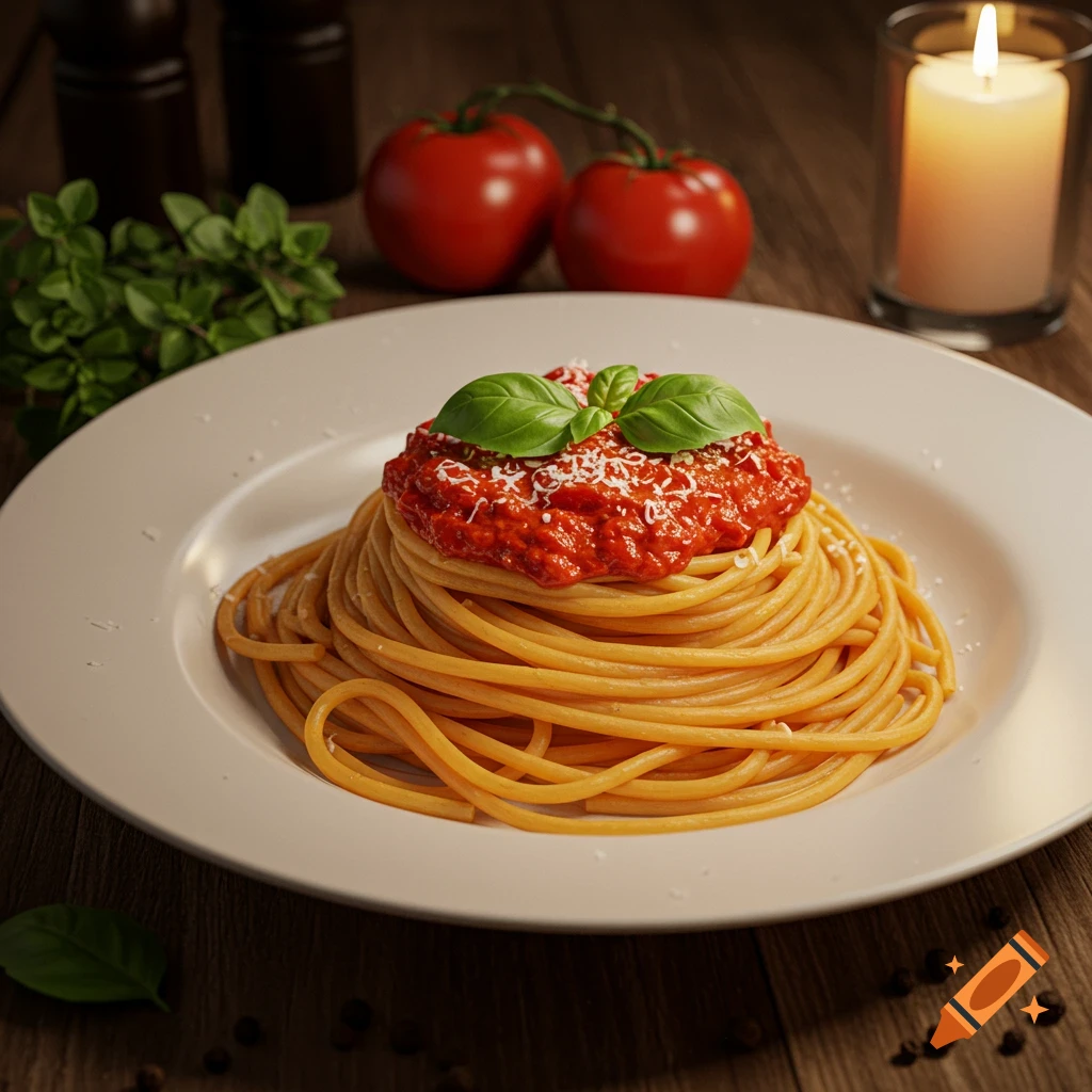 Plate of spaghetti with red sauce, fresh basil, and grated cheese, on a wooden table with tomatoes and a lit candle in the background.