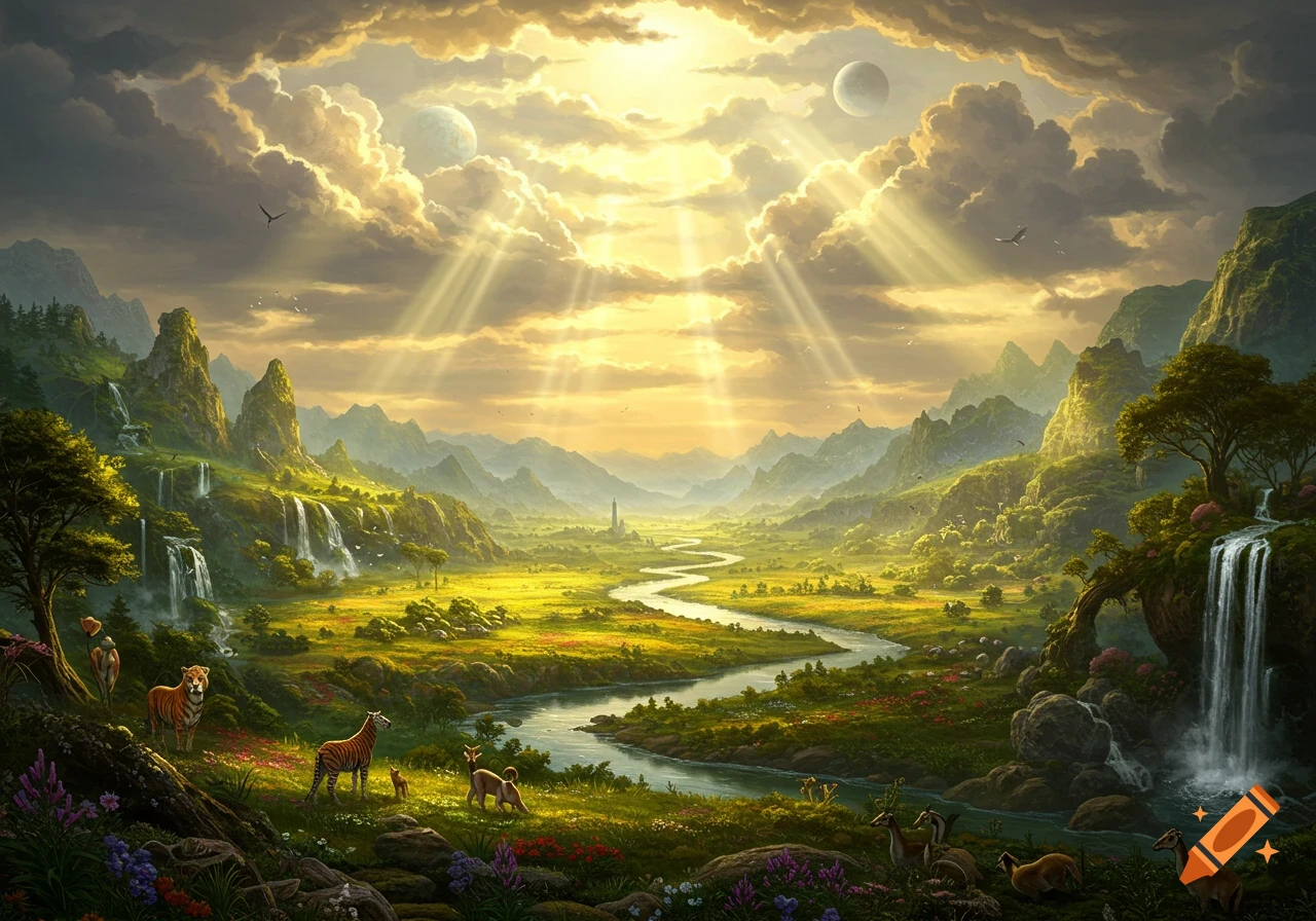 Lush fantasy landscape with mountains, waterfalls, winding river, and sun rays under a golden sky with two moons. Tigers, zebras, and deer graze.