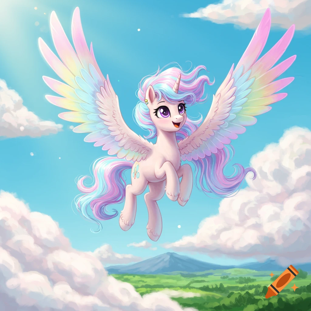 A smiling light pink cartoon Pegasus with a pastel rainbow mane, tail, and wings flies in a bright blue sky above green hills and mountains.