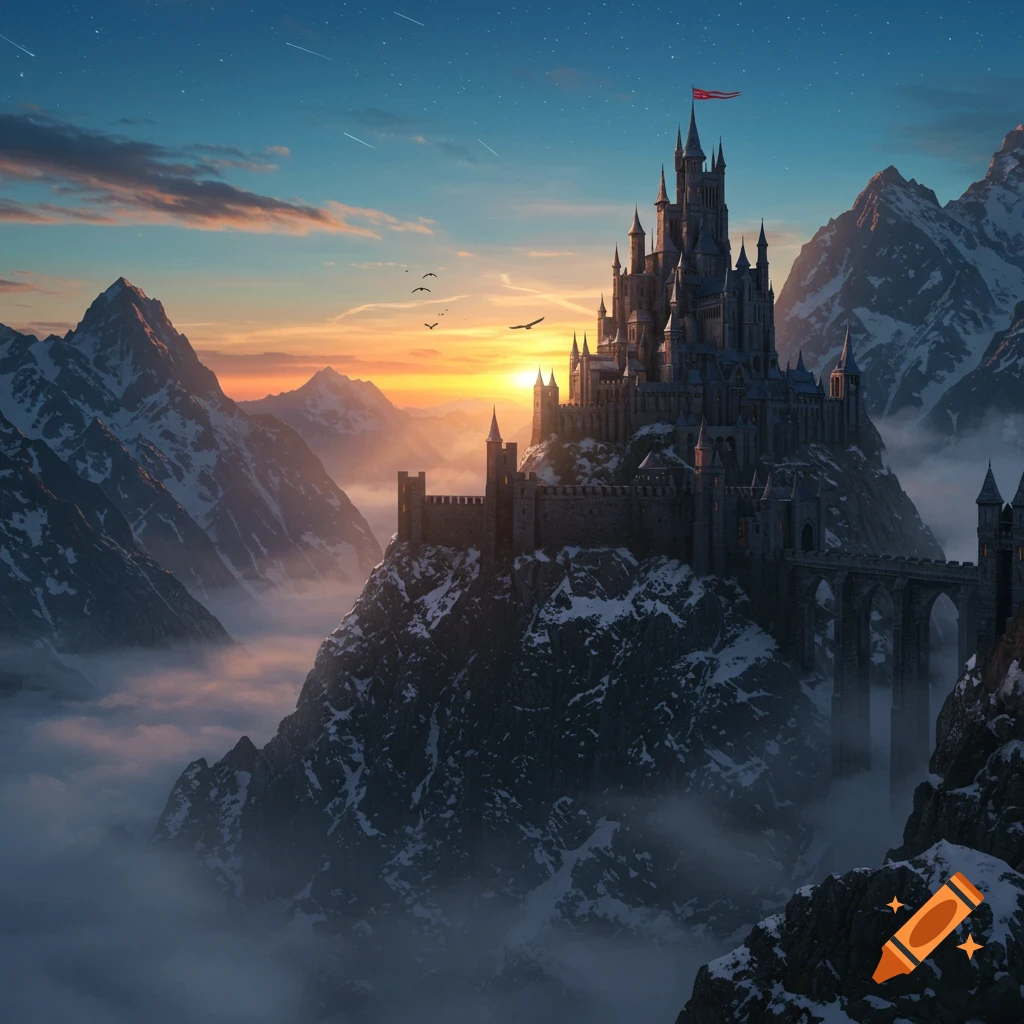 A majestic dark fantasy castle on a snow-capped mountain, surrounded by clouds and other peaks at sunset.