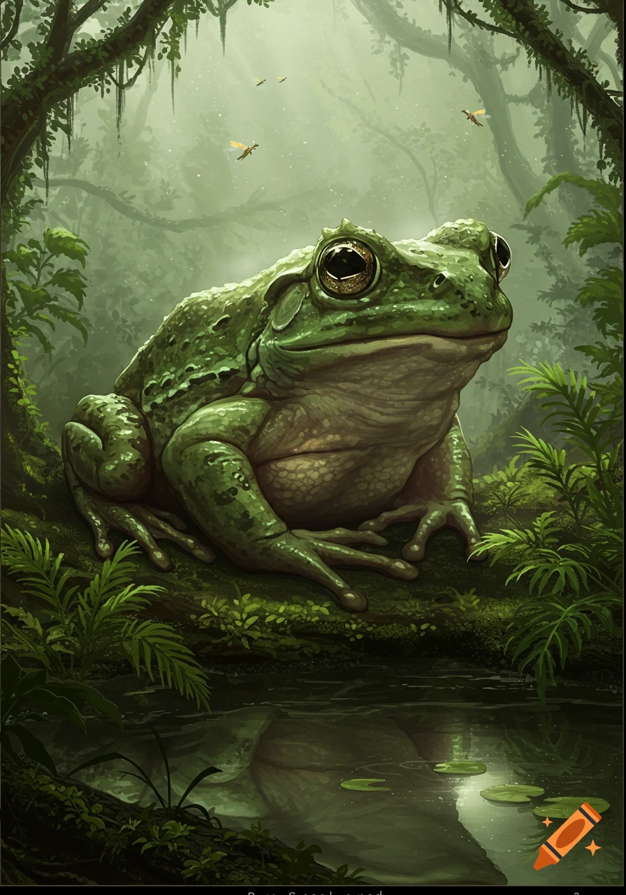 A large green frog sits on a mossy log by a small pond in a lush, misty jungle, with flies buzzing overhead. Stylized illustration.