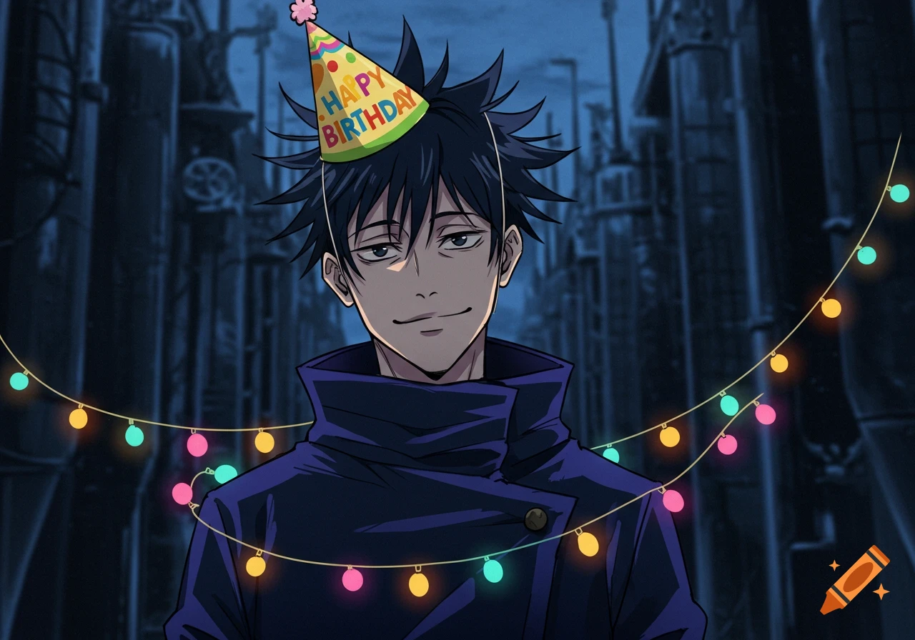 Megumi Fushiguro from Jujutsu Kaisen wearing a birthday hat and surrounded by colorful string lights, in an anime art style.