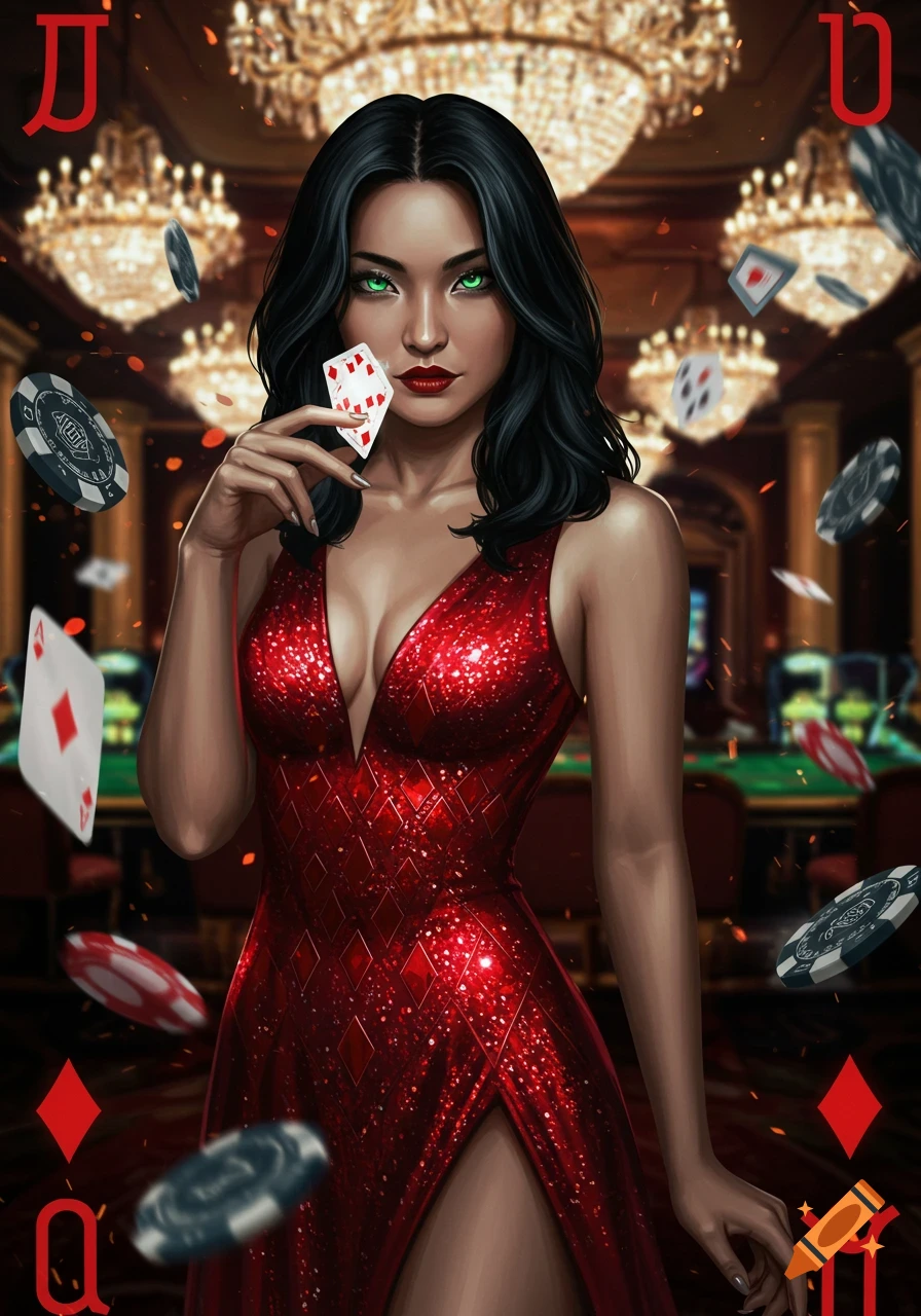 A woman with dark hair and striking green eyes in a sparkling red dress holds a playing card in a grand casino setting, with floating chips and cards.