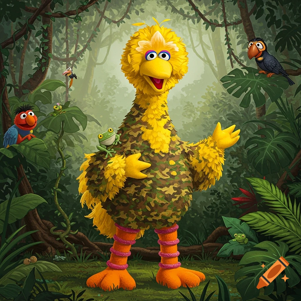 Big Bird wearing camouflage stands in a lush jungle with Elmo, a toucan, and frogs, in a vibrant cartoon style.