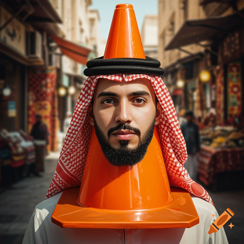 A photorealistic image of a Middle Eastern man's face emerging from the top of an orange traffic cone, set in a blurry urban street.