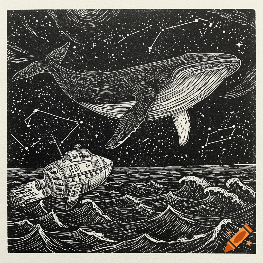 A black and white linocut print shows a large whale swimming in a starry sky above a small spaceship sailing on a wavy ocean.