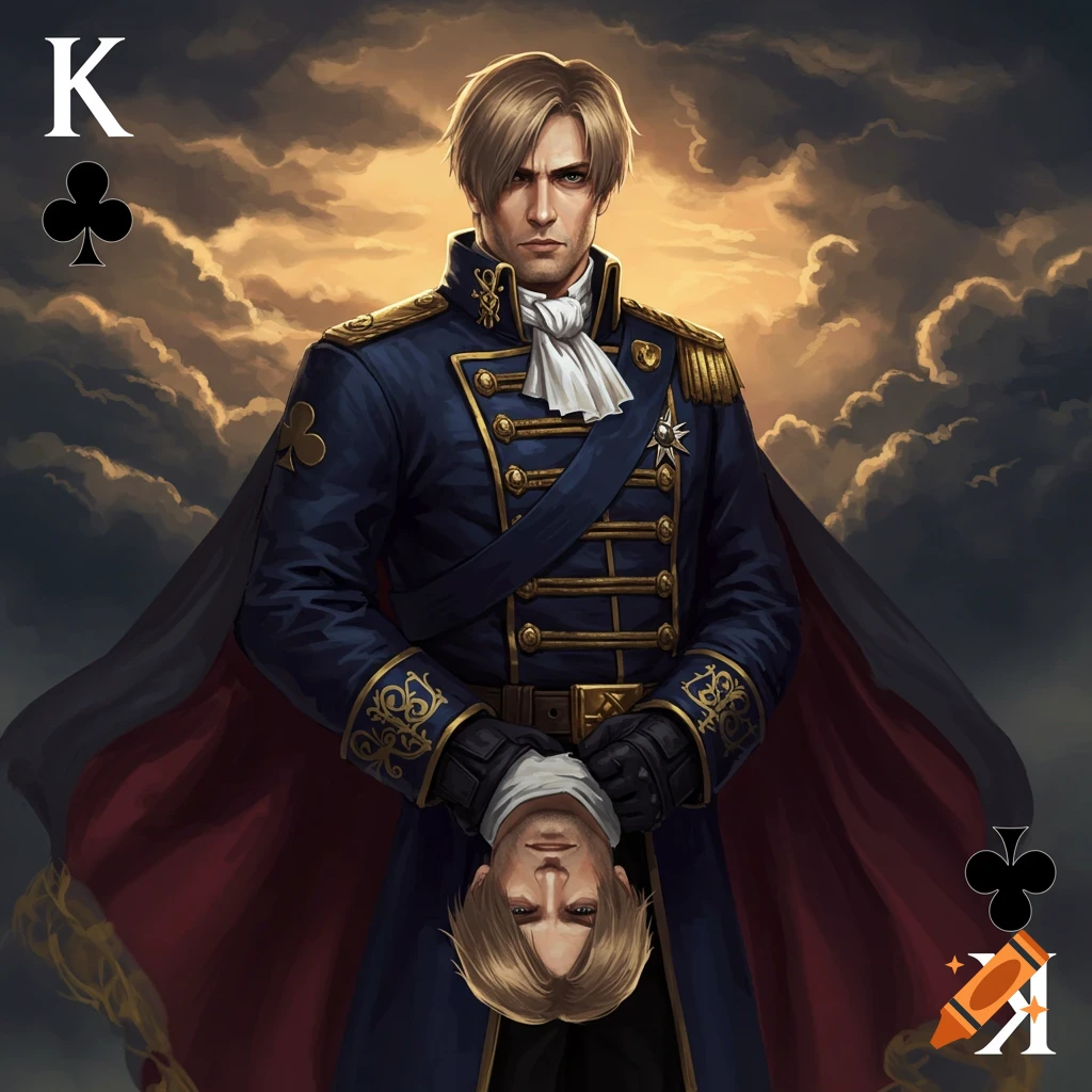 Stylized portrait of a man in a blue military uniform holding an inverted head, resembling a King of Clubs playing card.
