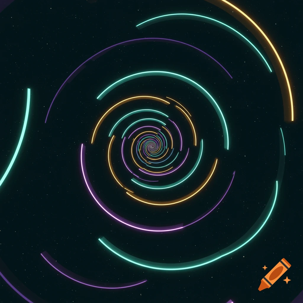 Neon-colored arcs spiral into a glowing vortex against a dark, starry background.