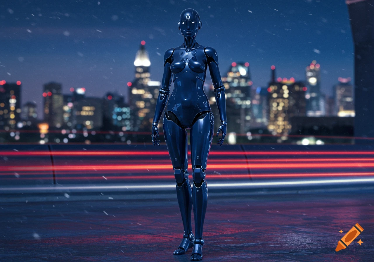 A hyperrealistic dark blue humanoid robot stands on a futuristic road at night, with a blurred city skyline and snow.