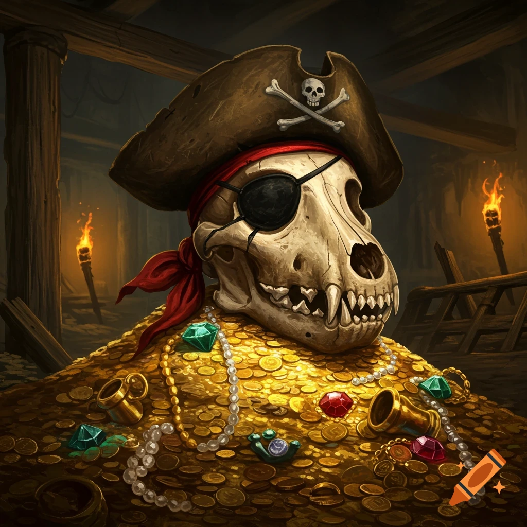 A stylized pirate dog skull with eyepatch and hat sits on a pile of gold coins and jewels in a treasure vault.