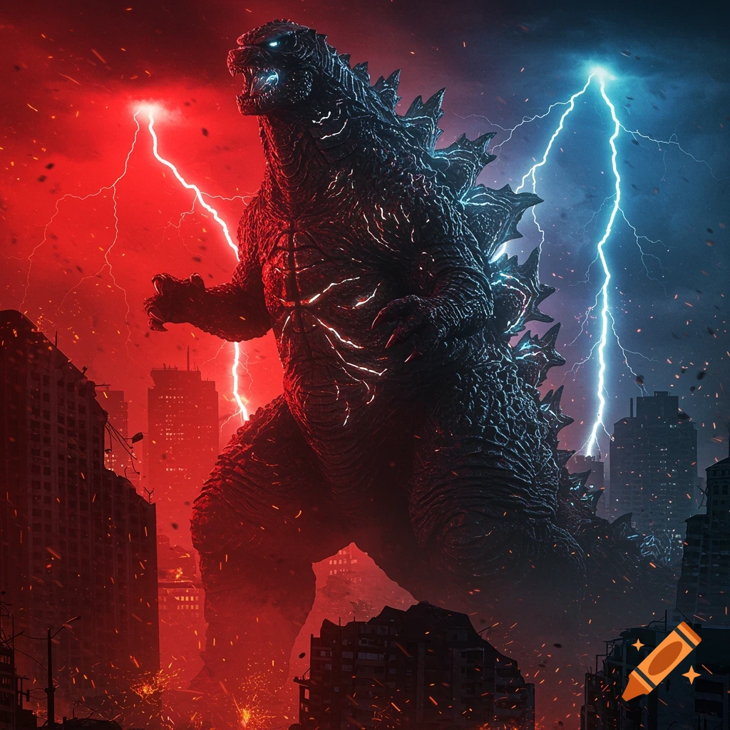 Giant Godzilla roars in a destroyed city under dramatic red and blue lightning.