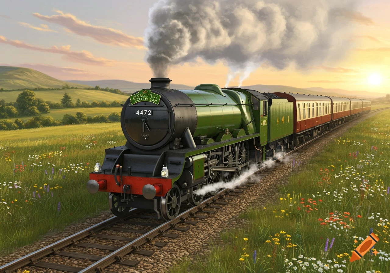 A vibrant painting of the green steam locomotive 4472 Flying Scotsman pulling brown and cream coaches through a sunny, green field with wildflowers at sunset.