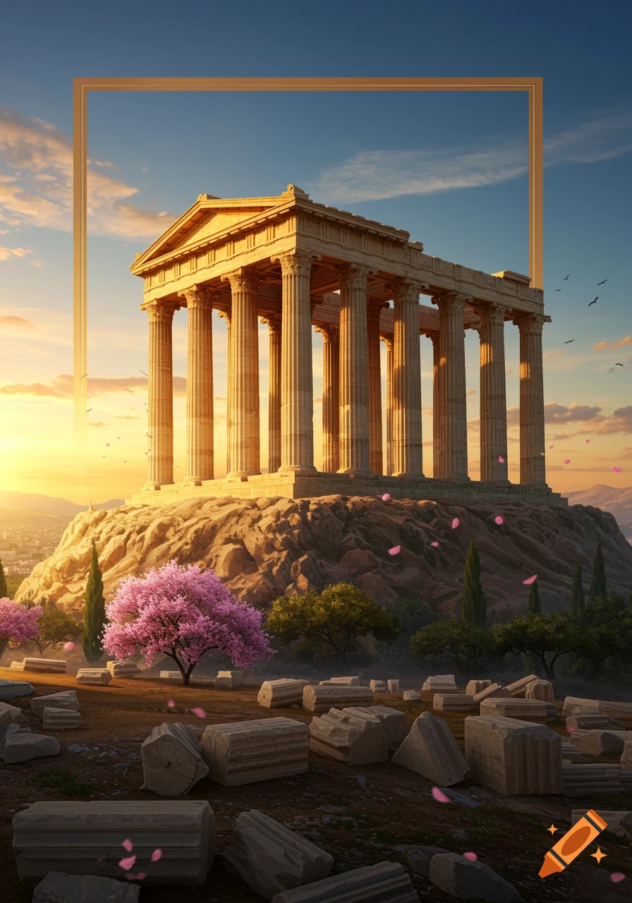 A grand ancient Greek temple stands on a rocky hill at sunset, framed by a golden rectangle, with pink blossoms and stone ruins in the foreground.