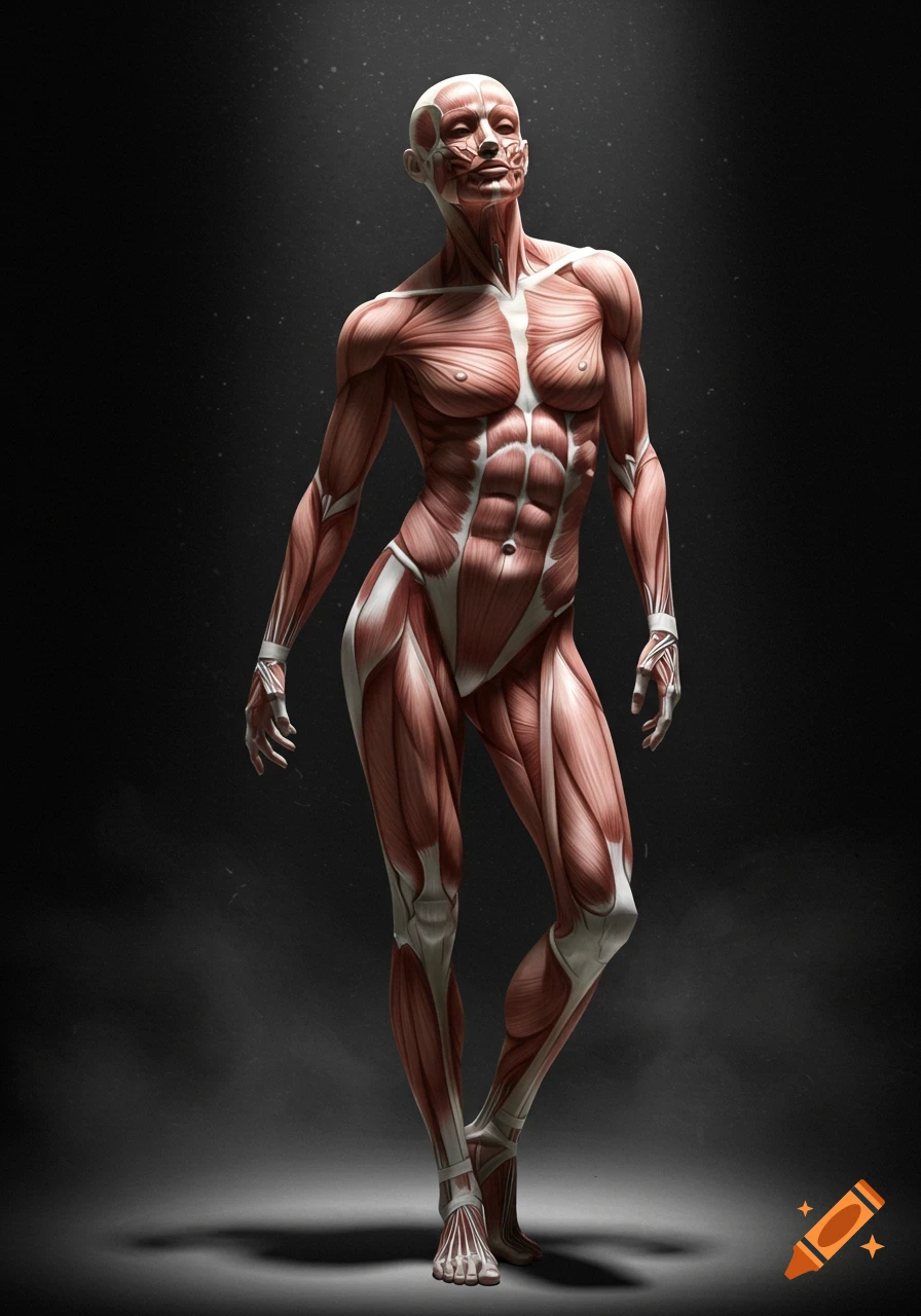 A highly detailed, photorealistic anatomical illustration of the human muscular system standing against a dark, spotlighted background.
