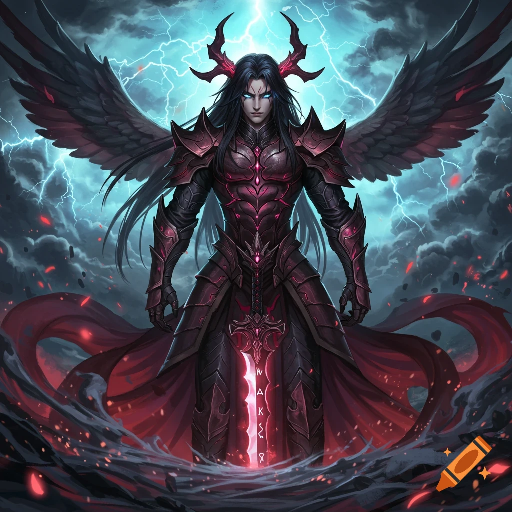 An anime-style male fantasy character with black wings, red horns, and blue glowing eyes stands in dark armor, holding a glowing red sword amidst lightning and smoke.