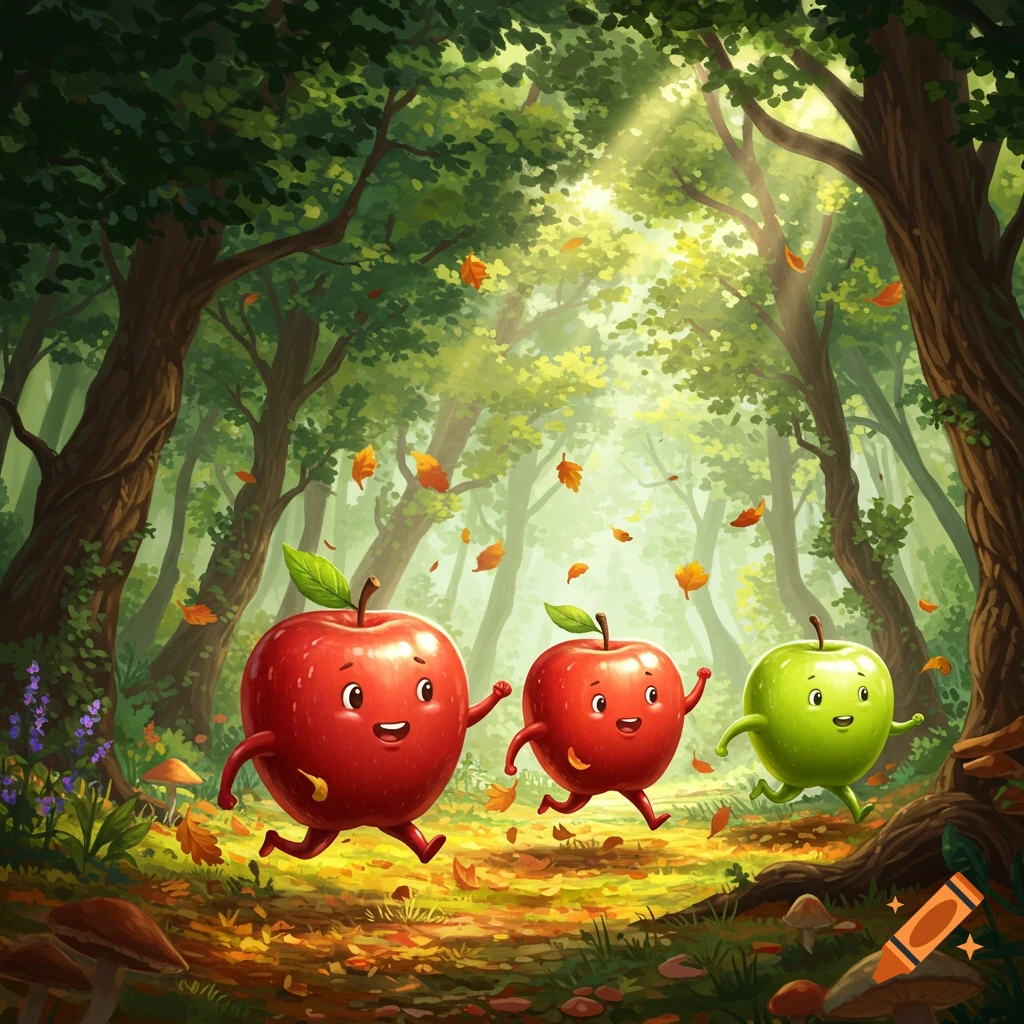 Three cheerful, anthropomorphic apples, two red and one green, run through a sun-dappled autumn forest with falling leaves.