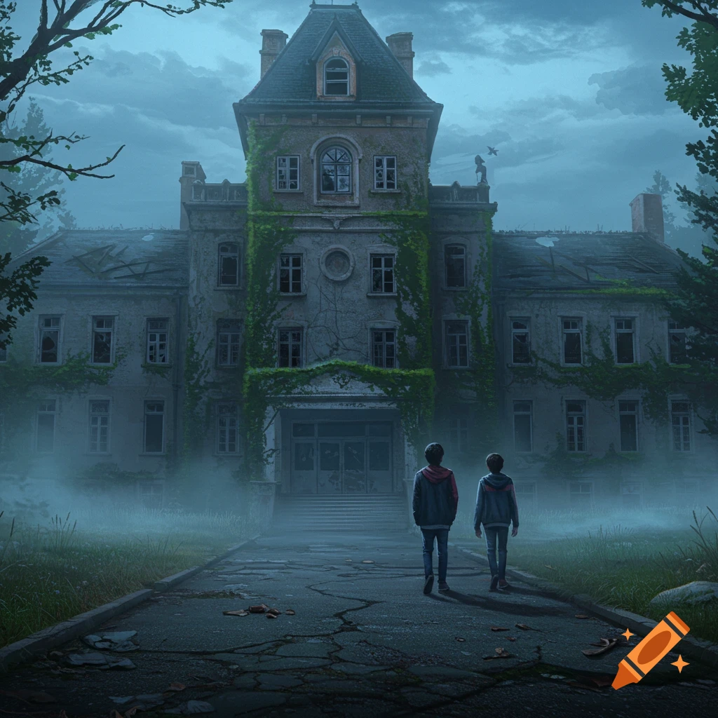 Two boys walk down a cracked path towards a large, ivy-covered abandoned hospital on a misty, overcast day.