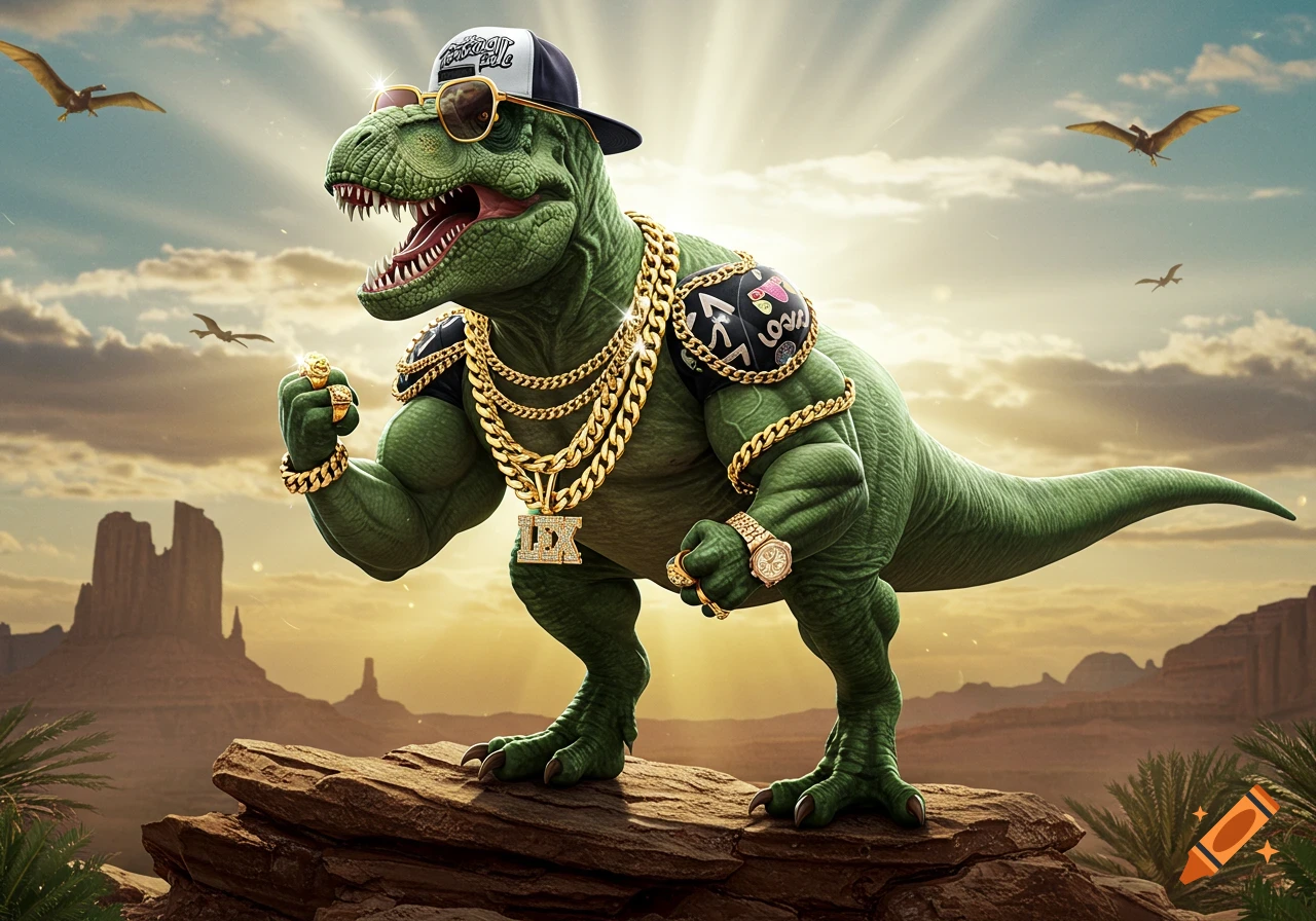 A hyper-realistic T-Rex with muscular arms wearing gold chains, a backwards baseball cap, sunglasses, and a watch, standing on a rock in a prehistoric desert landscape at sunset.