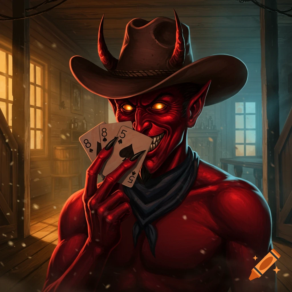 A red devil in a cowboy hat with glowing eyes holds two playing cards, the 8 and 5 of spades, in a dimly lit saloon.