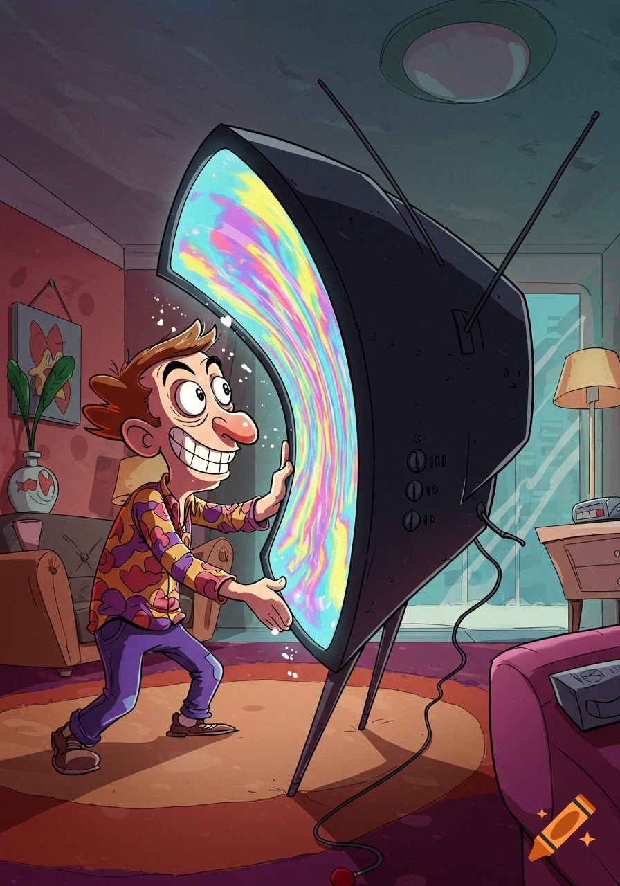 A cartoon man with a wide smile happily bends a large, retro TV screen that displays a vibrant, swirling rainbow pattern, in a colorful living room.