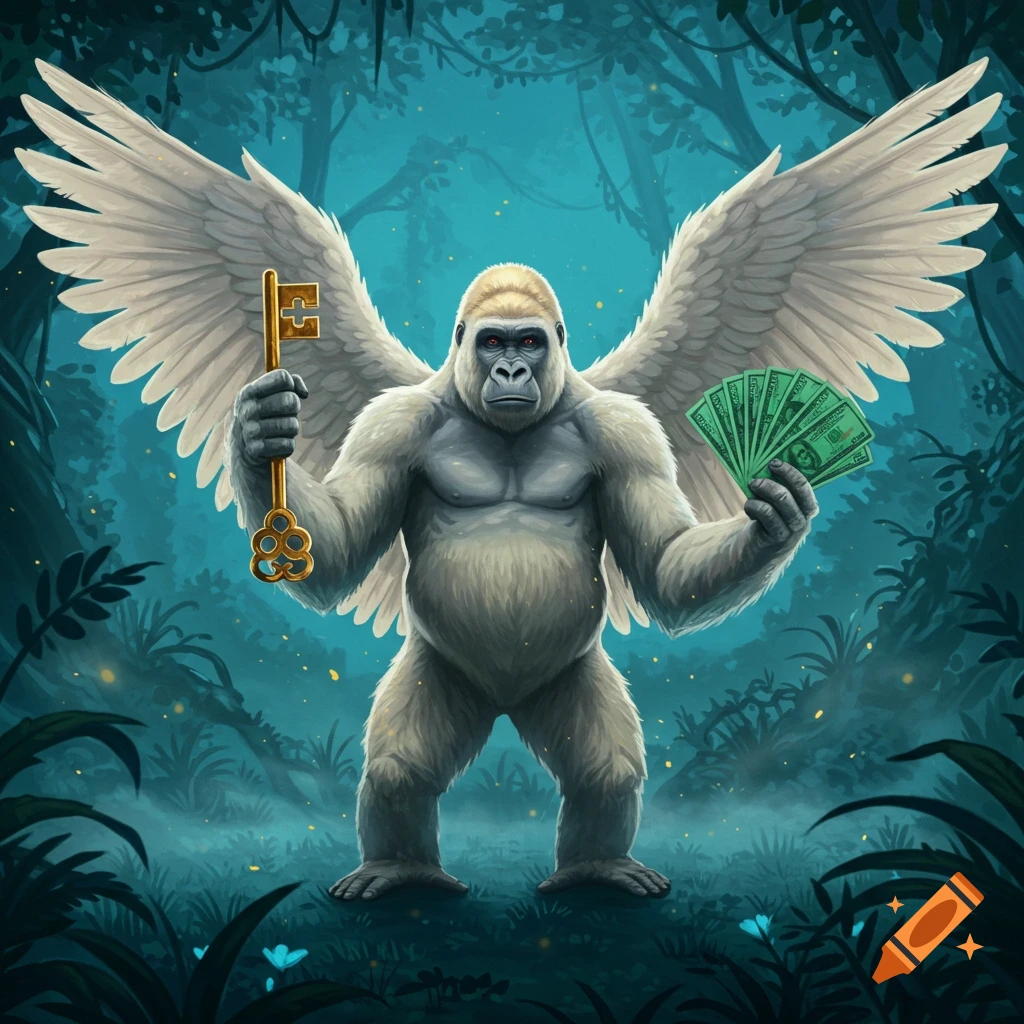 A majestic white gorilla with large wings stands in a mystical jungle, holding a golden key in one hand and a stack of money in the other.