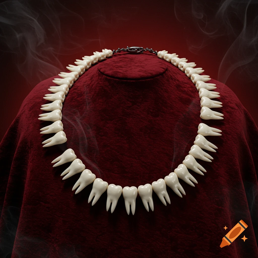 A necklace made of teeth displayed on a red velvet bust with wisps of smoke against a dark red background.