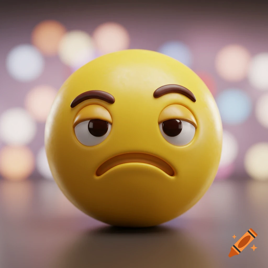 A yellow 3D rendered emoji with a sad or tired expression, set against a blurry background with bokeh lights.