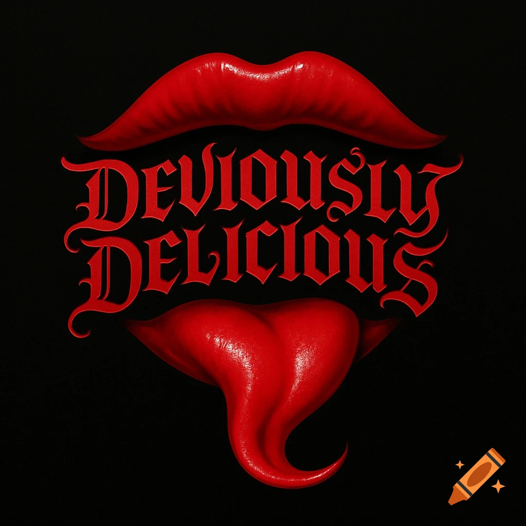 A bold, red logo featuring lips with the text 'DEVIOUSLY DELICIOUS' and a tongue, against a black background.