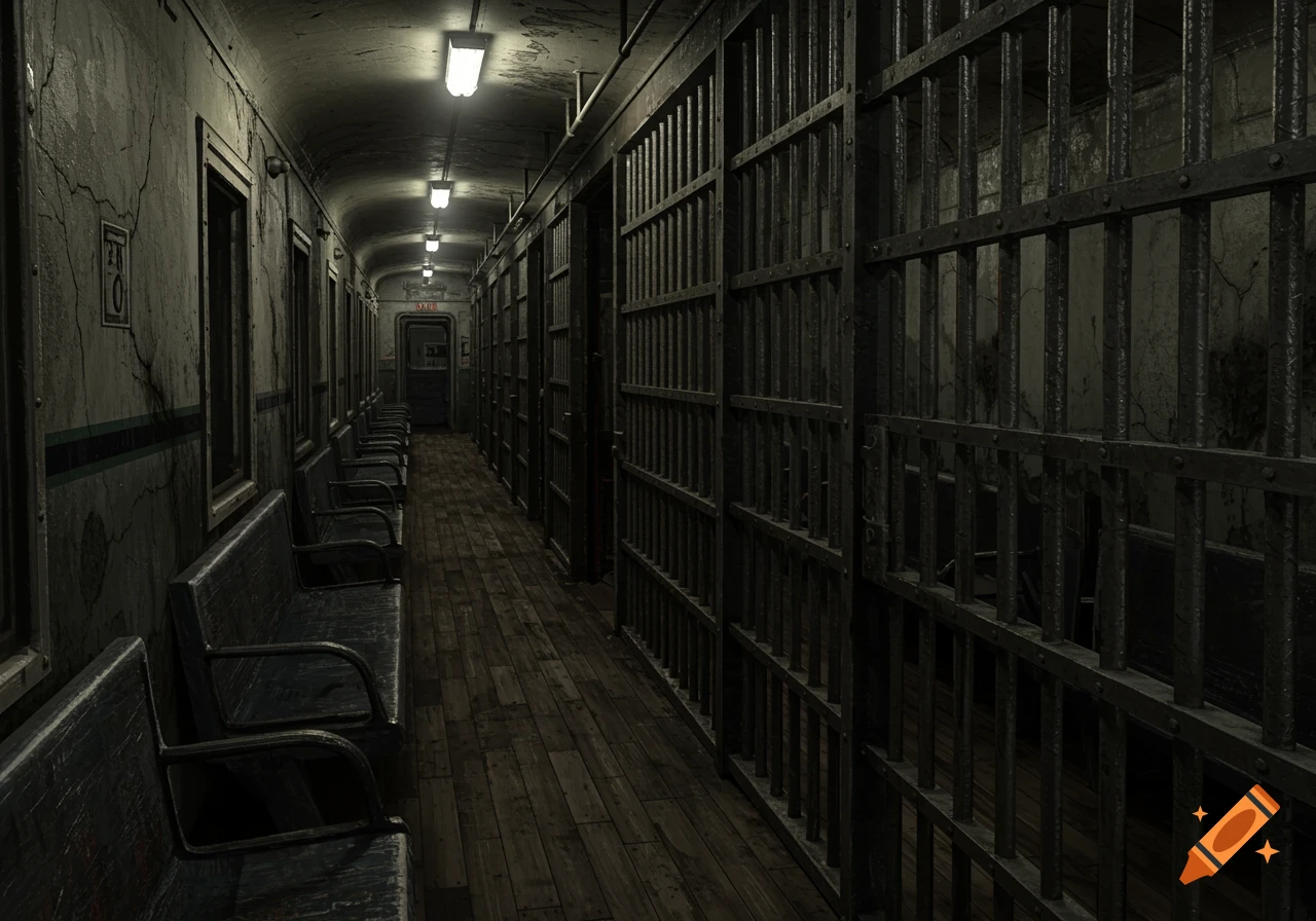 A long, dark train car interior with prison cells lining one side and empty passenger benches on the other, lit by overhead fluorescent lights.