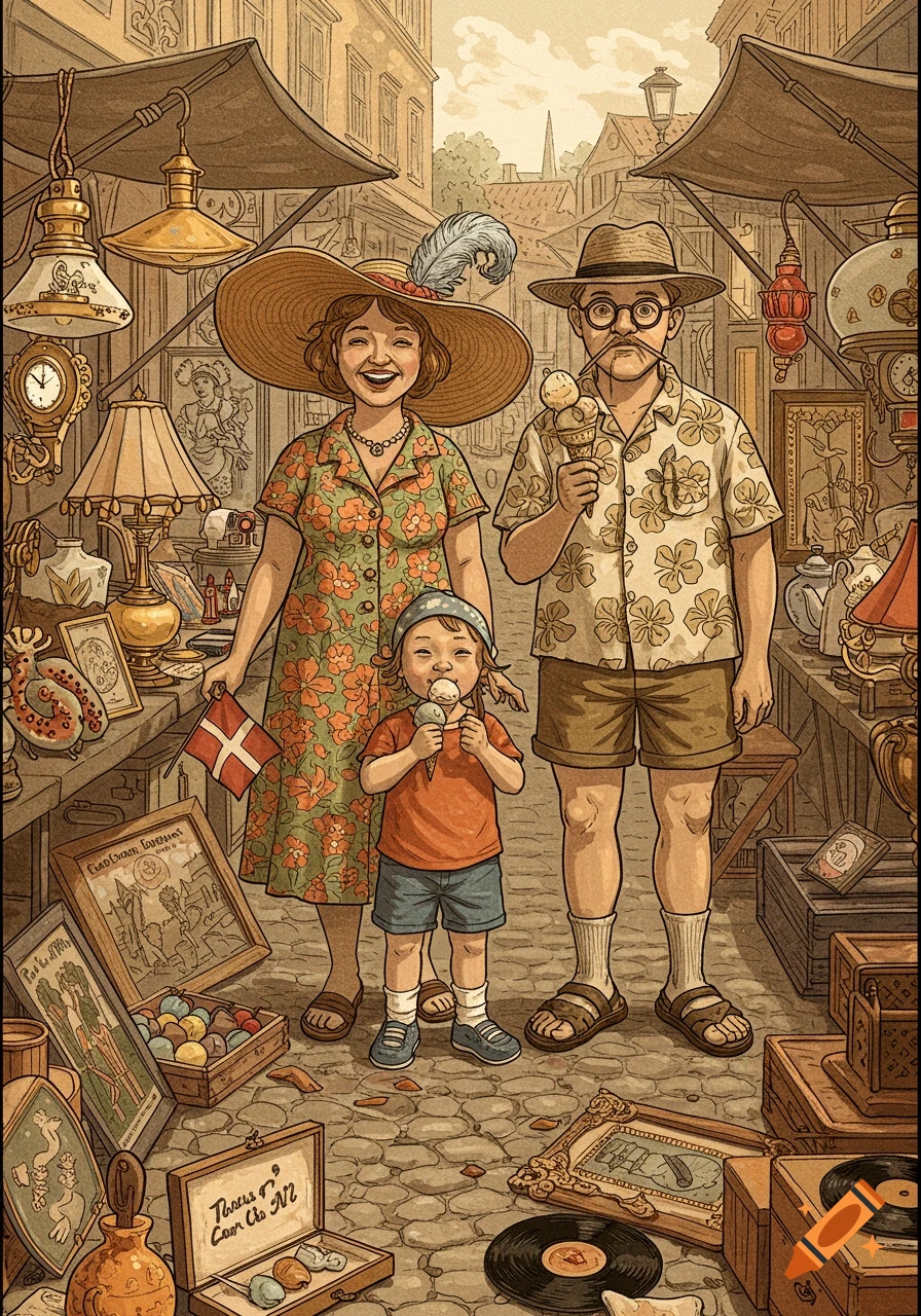A family walks through a bustling, jumbled old-time flea market, eating ice cream. The father wears a fedora and Hawaiian shirt, the mother a wide-brimmed hat, and the child holds a Danish flag.