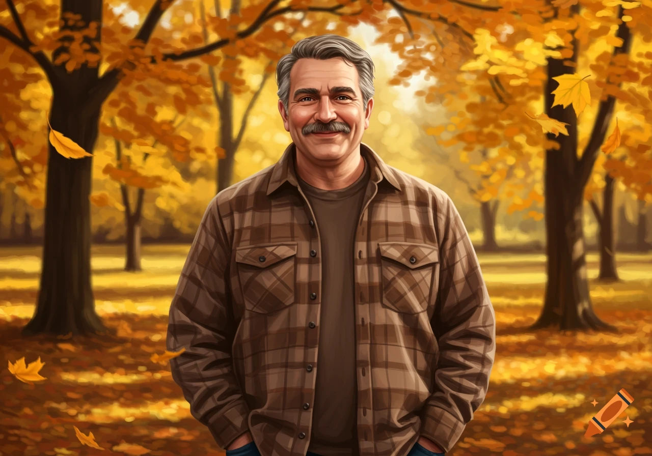 A smiling middle-aged man with a mustache in a plaid shirt stands in an autumn forest with falling yellow leaves.