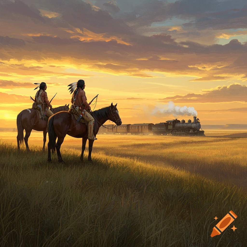 Two Native American warriors on horseback watch a steam train traverse vast plains at sunset in a painting.