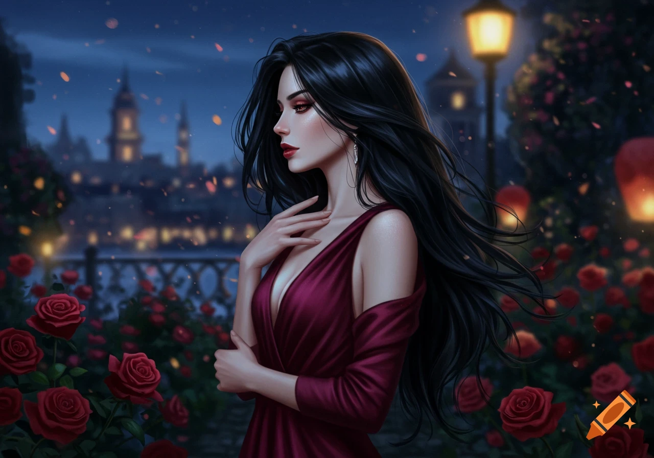 Digital painting of a woman with long dark hair in a red dress, standing among red roses at night with a city skyline behind her.